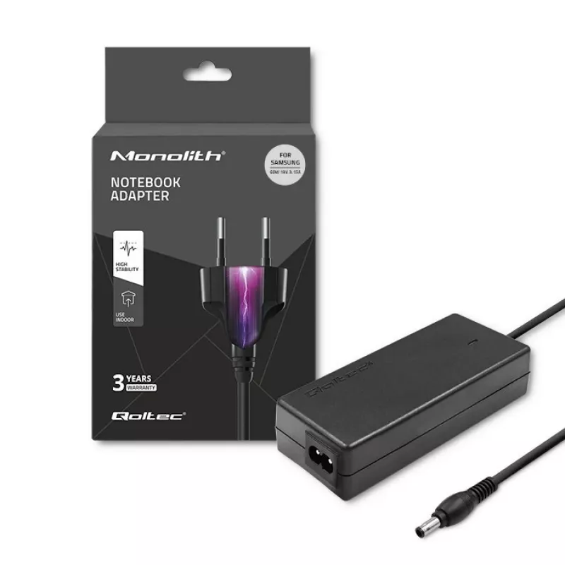 Fuente de alimentación Qoltec 50015.60W para Samsung | 60W | 19V | 3,15A | 5,5*3,5+Pin | incl. cable de alimentación