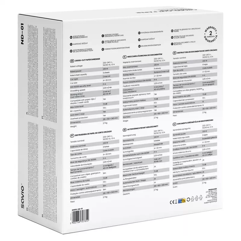 Destructora de documentos SAVIO ND-01, corte cruzado 4 x 32 mm, depósito de 11 L, 230 W, negra, 72 dB