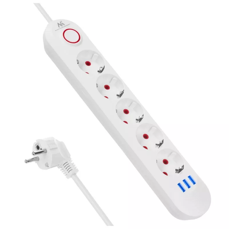 Regleta MACLEAN MCE395 W — 5 tomas de corriente, 3×USB A, 110–240 V AC, 2,1 A USB, máx. 2500 W, blanca, cable de 1,5 m