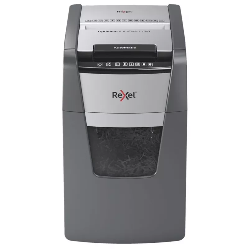 Destructora de papel Rexel Optimum AutoFeed+ 130X corte cruzado 55 dB 22 cm negra, plateada