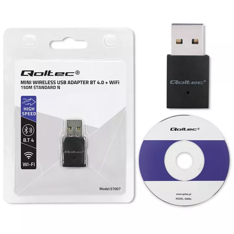 Adaptador USB Wi-Fi mini inalámbrico compacto QOLTEC 57007 – Single-Band 2,4 GHz, hasta 150 Mbit/s, antena interna