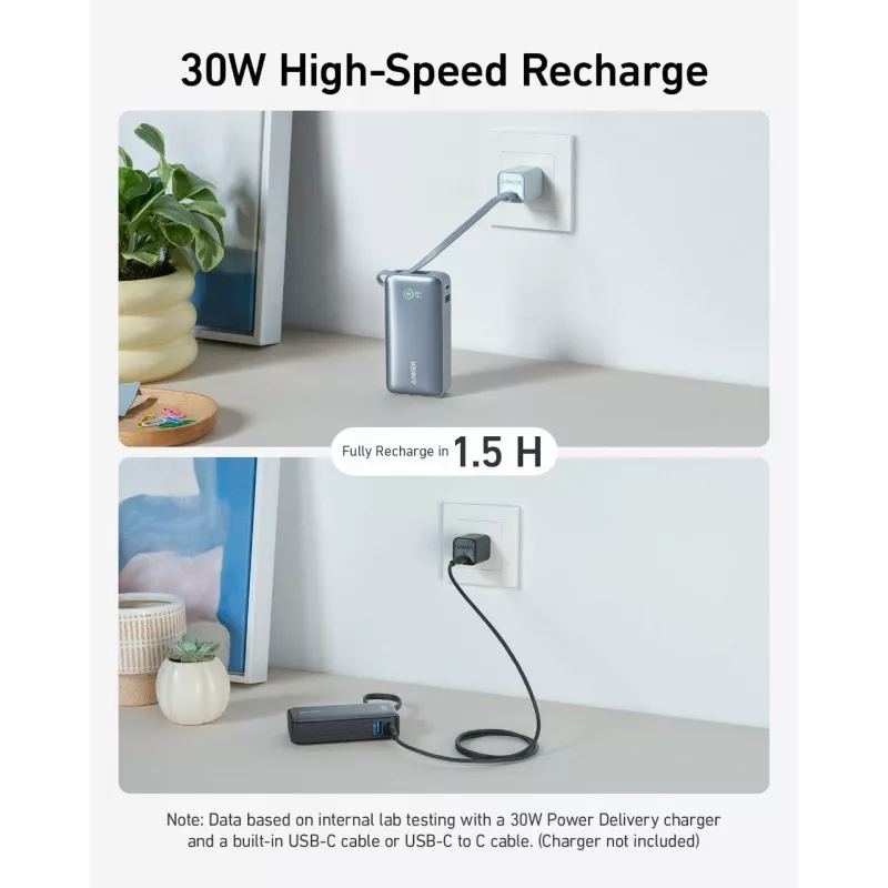 Batería externa 545 NANO 30W 10000mAh con cable USB-C integrado, negro