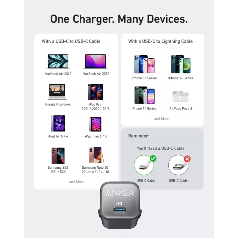 Cargador de CA para interiores Anker 511 Nano 3 — 30W, 1× USB-C, 100–240V, negro