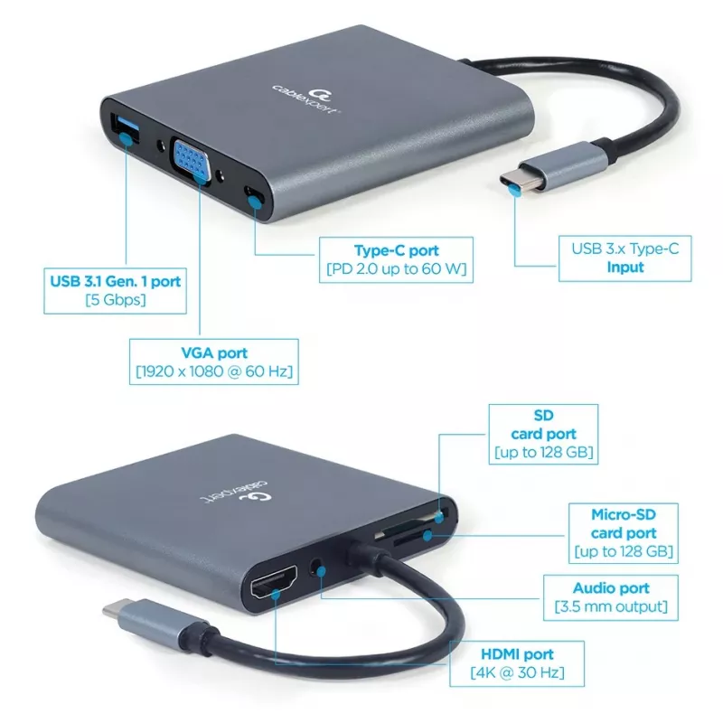 Gembird A-CM-COMBO6-01 adaptador multipuerto USB-C 6 en 1, USB 3.1 Gen 1, HDMI 4K, VGA, PD 60 W, lector SD/microSD, audio de 3,5 mm, gris