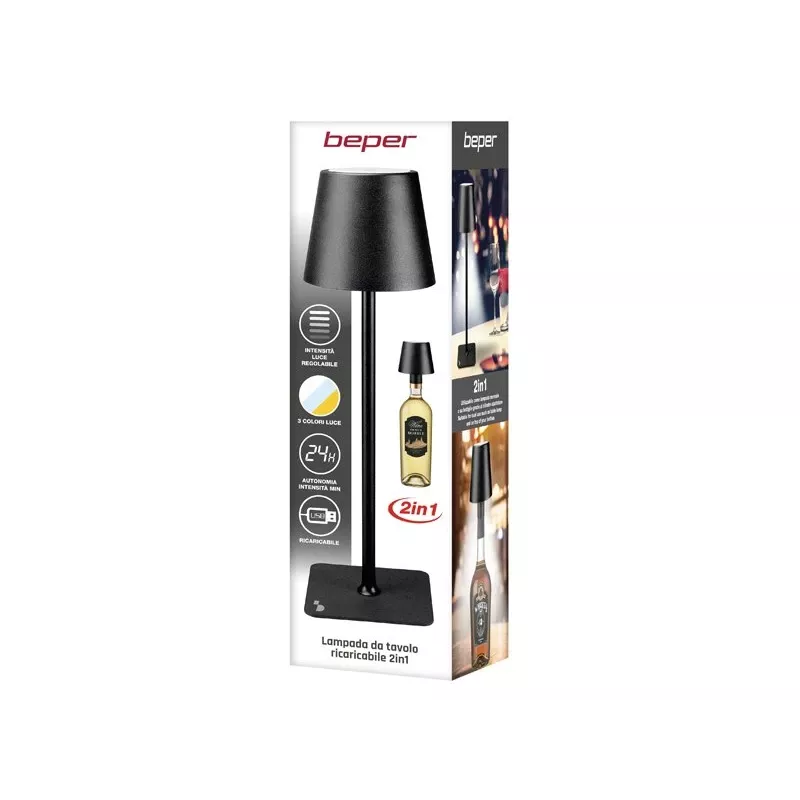 Beper P201UTP118 lámpara de mesa LED recargable, 1,5 W, interruptor táctil, regulable, adaptador para botella de 33 mm, resistente al agua, negra