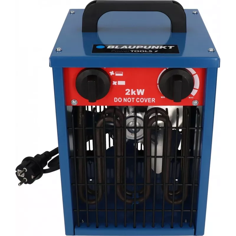 Calefactor ventilador eléctrico BLAUPUNKT EH7010 – 2000 W, elemento de acero inoxidable, IPX4, instalación en suelo, para hasta 22 m², negro/azul/rojo