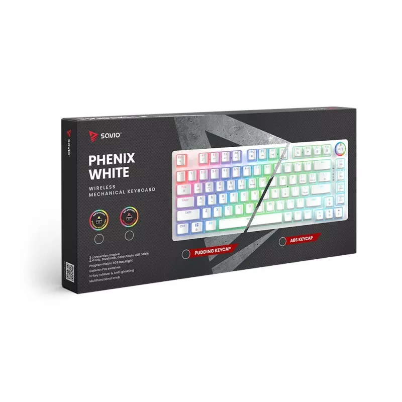 Teclado gaming Savio Phenix WHITE GAT RED PUD con cable inalámbrico USB Bluetooth RGB LED