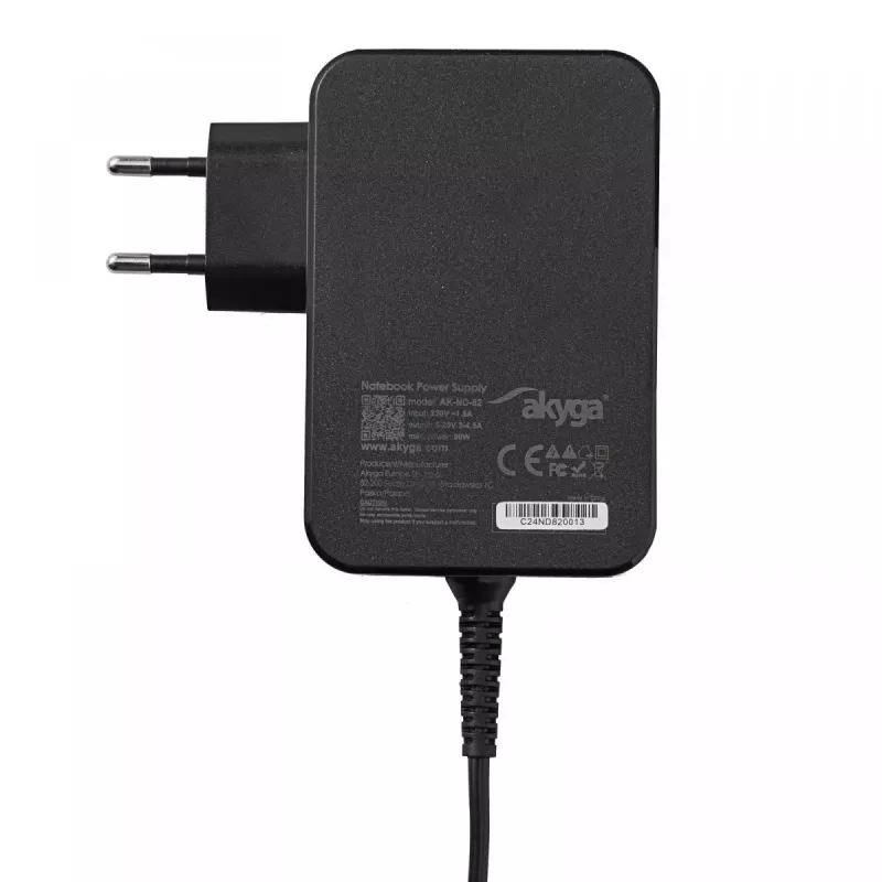Fuente de alimentación para portátil USB-C GaN Akyga AK-ND-82 90 W, PD 3.0, 5–20 V, cable de 1,8 m, negro