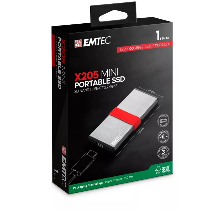 Emtec X205 Mini 1 TB USB Type-C USB 3.2 Gen 2x2 plata