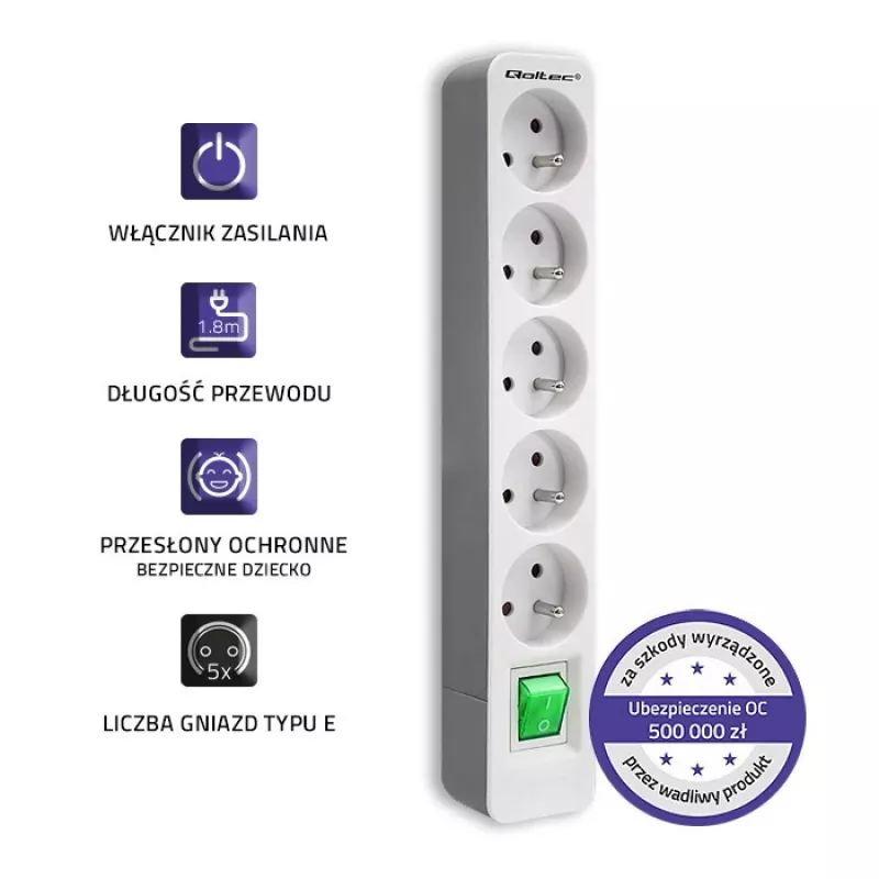 Regleta de alimentación Qoltec 50290 1,8 m 5 tomas de corriente para interior Blanco
