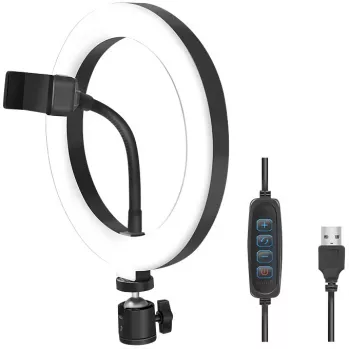 LogiLink AA0151 Anillo de luz LED para smartphones, Ø 200 mm, 3 modos de color, regulable, rosca de trípode de 1/4 de pulgada, con soporte para smartphone, USB, cable de 1,8 m, negro