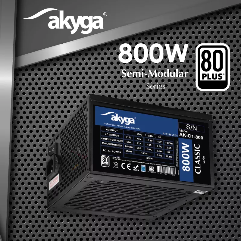 Akyga Classic AK-C1-800 Fuente de alimentación ATX 800 W, 80 PLUS, PFC activo, ventilador de 120 mm