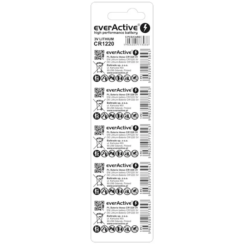 Pila de botón de litio everActive CR1220 — 3V, 40 mAh, 12,5×2 mm, de un solo uso, 5 uds.