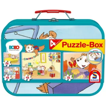 Bobo Siebenschläfer Puzzle-Box en maletín de metal (2x 26 piezas, 2x 48 piezas)