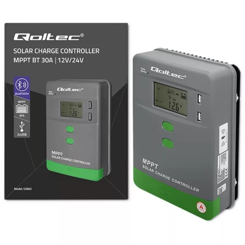 Regulador de carga solar MPPT QOLTEC 53662 con sensor de temperatura
