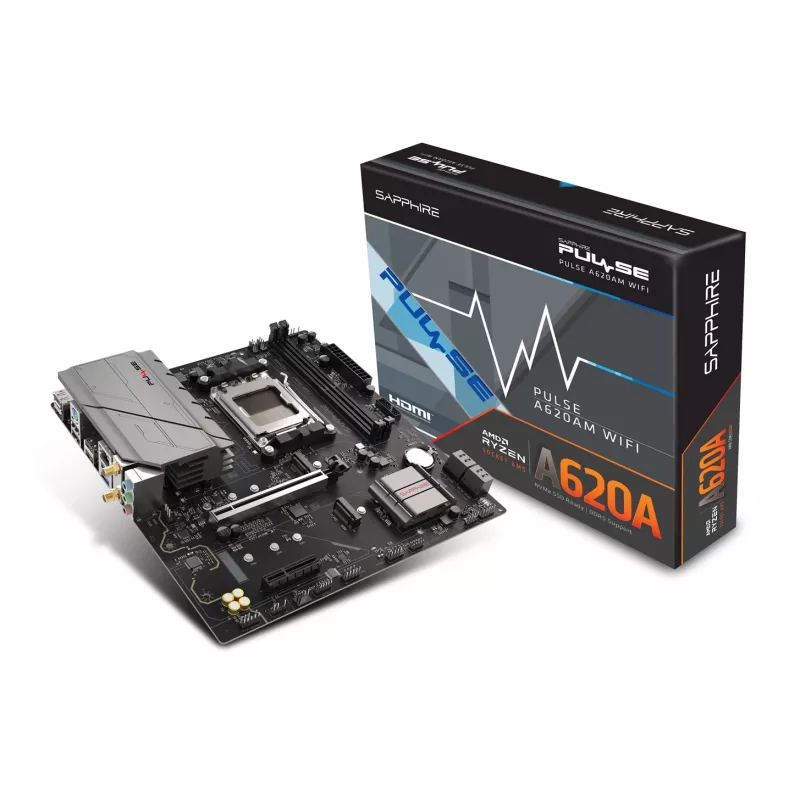 Placa base Sapphire PULSE A620AM (microATX) Socket AM5, AMD A620A, DDR5, 2x DIMM, 64 GB, 2x M.2, Gigabit LAN