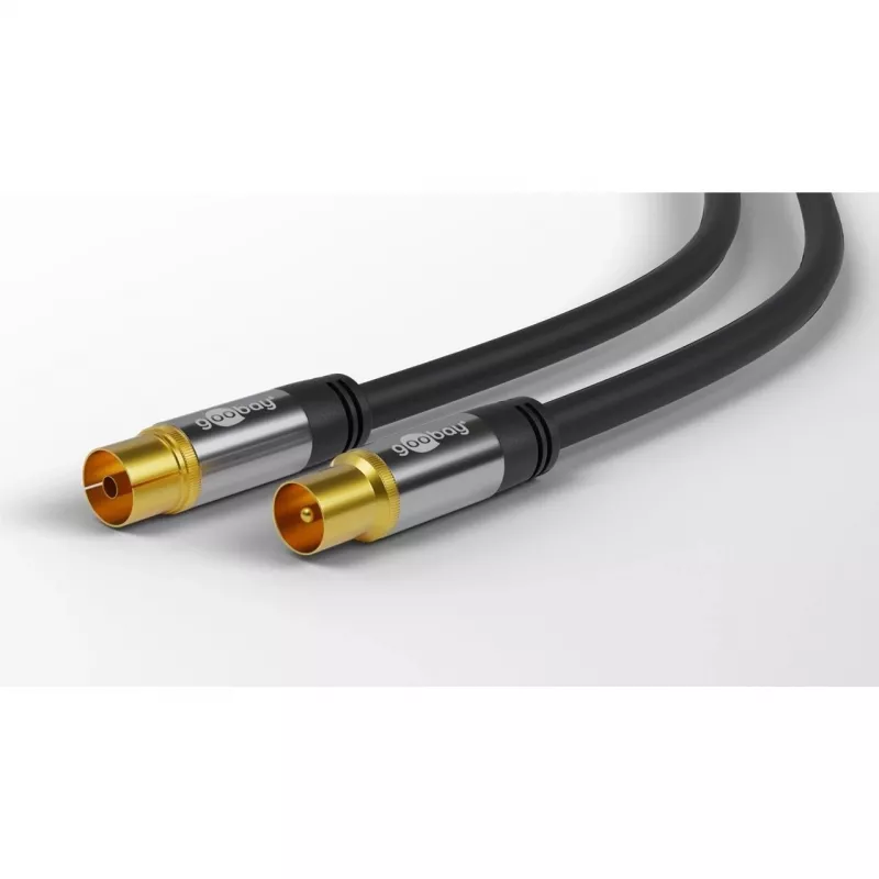 Cable de antena de TV Goobay (tipo 135 dB), 4 apantallamientos, 5 m, Negro – dorado, conector hembra coaxial > conector macho coaxial (70384)