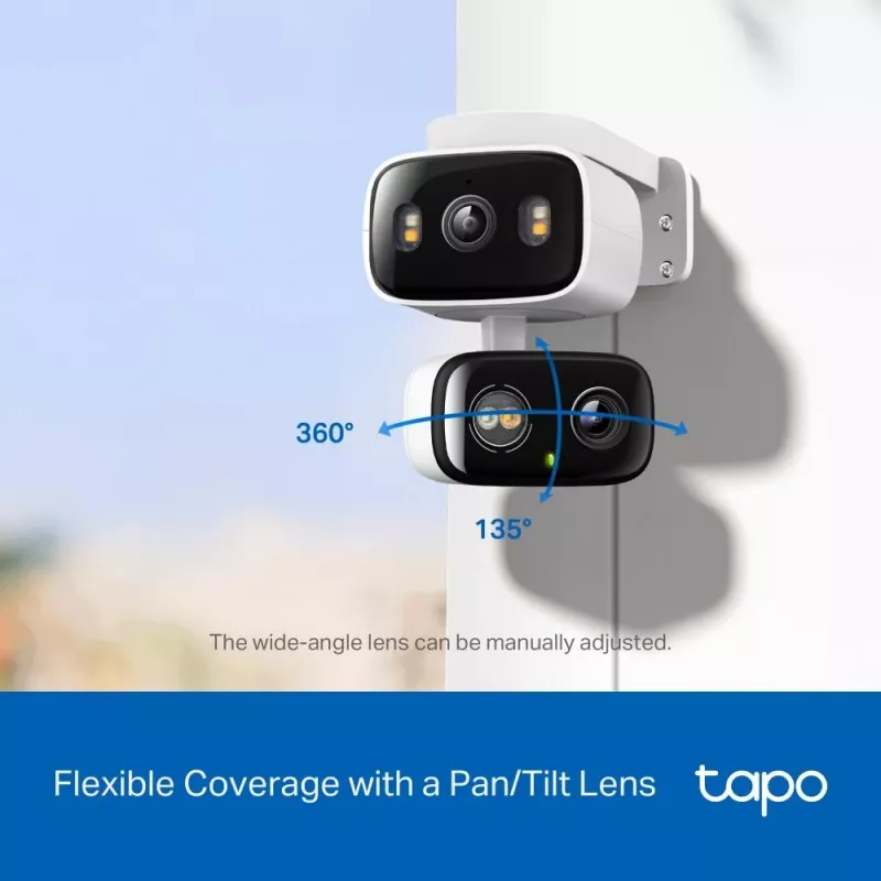 TP-Link Tapo C246D cámara de seguridad de interior / exterior con doble objetivo y movimiento horizontal/vertical, 2K 3MP (2304×1296), gran angular de 125° + teleobjetivo de 6 mm, IP65, Wi-Fi, microSD de hasta 512 GB