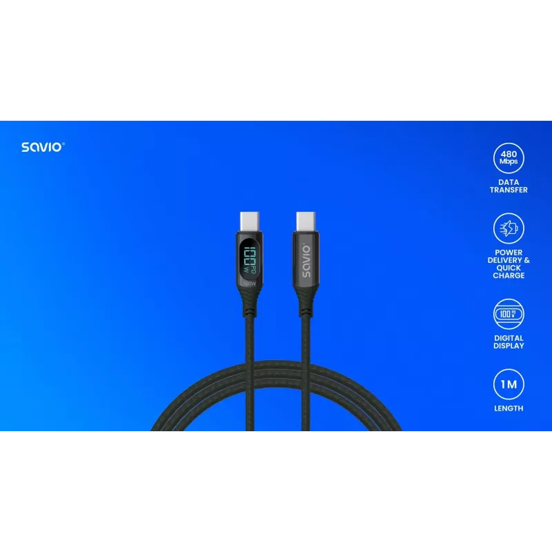 Savio CL-174 cable USB-C a USB-C, 100 W, Power Delivery/Quick Charge, pantalla digital, 1 m, verde