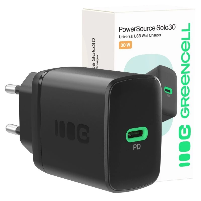 Fuente de alimentación Green Cell PowerSource Solo30 30W negra — cargador USB-C de un solo puerto