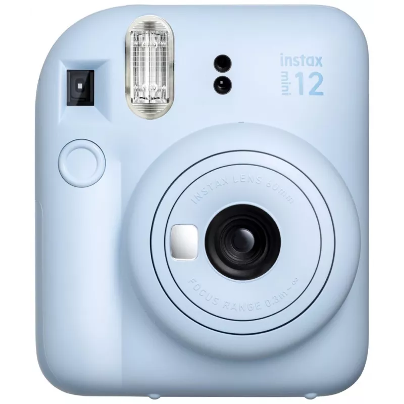 Cámara instantánea Fujifilm Instax Mini 12 Azul — impresiones de 86 x 54 mm, distancia focal 60 mm, obturador electrónico