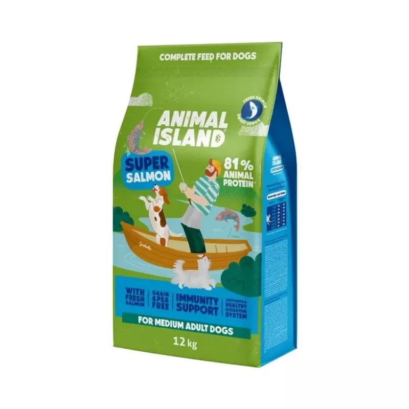 Pienso seco para perros Animal Island Adult Medium Salmon 12 kg — alimento completo para razas medianas, 32% proteína, 16% grasa, sin cereales