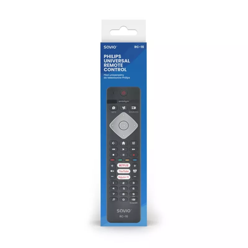 Mando a distancia IR SAVIO RC-16 para sintonizador de TV / set-top box, 20 dispositivos, alcance 10 m, negro