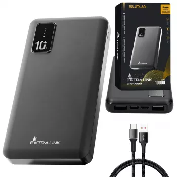Batería portátil Extralink EPB-098B 10000 mAh, LiPo, 2× USB-A + 1× USB-C, negra