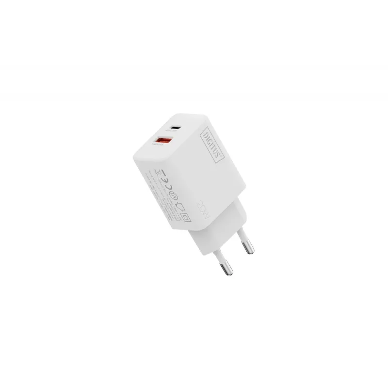 Cargador USB de pared DIGITUS 20W, 1x USB-C, 1x USB-A, entrada 100–240V, blanco