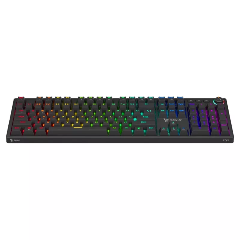 SAVIO STYX teclado mecánico gaming, interruptores Outemu Red, hot-swap, tamaño completo, distribución US, RGB, USB con cable, cable de 1,5 m, negro