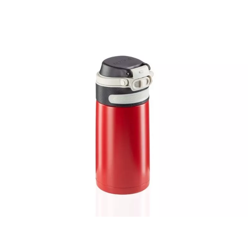 Vaso térmico Leifheit 03245 acero inoxidable 350 ml, doble pared, a prueba de fugas, tapa abatible, negro/rojo