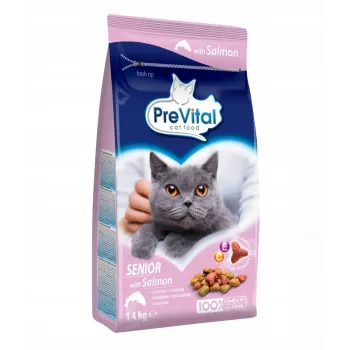 Pienso para gatos PREVITAL Senior Salmon 1,4 kg — Fórmula senior, 31 % proteína, 9 % grasa