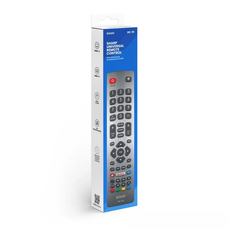 Mando a distancia universal SAVIO RC-19 para Sharp, 47 botones, gris, alcance 10 m, carcasa de plástico