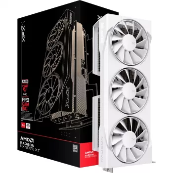 Tarjeta gráfica XFX Radeon RX 9070 XT — 16 GB GDDR6, 256-bit, PCIe x16, 2400 MHz, 3 ventiladores blanco, 325×65 mm