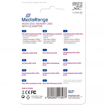 Tarjeta de memoria MediaRange 64GB MicroSDXC Class 10 MR955
