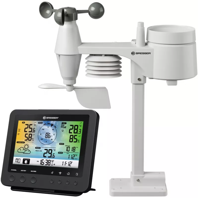 Bresser 7002580 Weather Center 5-in-1 estación meteorológica digital Wi-Fi con sensor profesional, pantalla de 5,7″, alimentación por red, negra