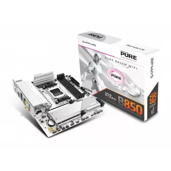 Placa base Sapphire PURE B850M WIFI Micro ATX — AMD B850, socket AM5, DDR5 hasta 8000 MHz, 4 DIMM, Wi‑Fi 6, 2,5 Gb LAN, 2× M.2, PCIe 5.0 x16