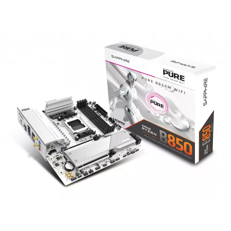 Placa base Sapphire PURE B850M WIFI Micro ATX — AMD B850, socket AM5, DDR5 hasta 8000 MHz, 4 DIMM, Wi‑Fi 6, 2,5 Gb LAN, 2× M.2, PCIe 5.0 x16