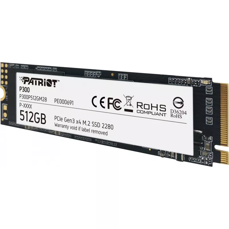 SSD interna PATRIOT P300 512 GB M.2 PCIe NVMe — Lectura 1700 MB/s, Escritura 1200 MB/s, 3D NAND, 3,8 mm, TBW 240