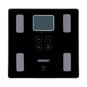 Báscula de baño electrónica Omron VIVA – cuadrada, negra, máx. 150 kg, precisión 100 g, grasa corporal/IMC/TMB, memoria para 30 usuarios