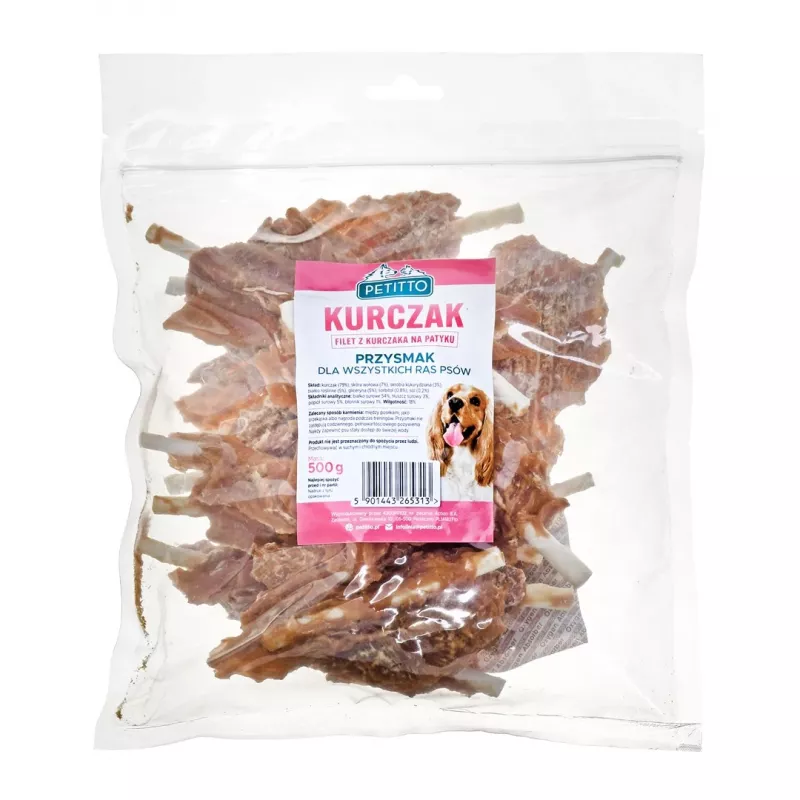 Snacks para perros PETITTO filete de pollo al palo 500 g — snack dietético de ave, envase de plástico de 500 g