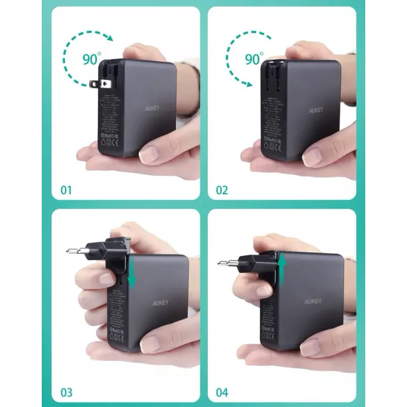 Cargador de pared Aukey PA-B7O, 3×USB, tecnología GaN