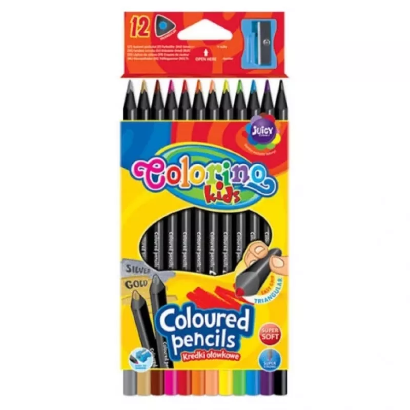 Lápices de colores triangulares Colorino Kids 12 colores (con sacapuntas) madera negra