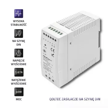 Qoltec Fuente de alimentación para carril DIN | 40W | 24V | 1.67A | Blanco | perfil bajo