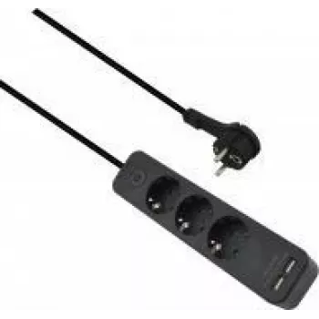 Regleta de enchufes helos ADVANCED 3 tomas con cargador USB, negra, 1,5 m cable