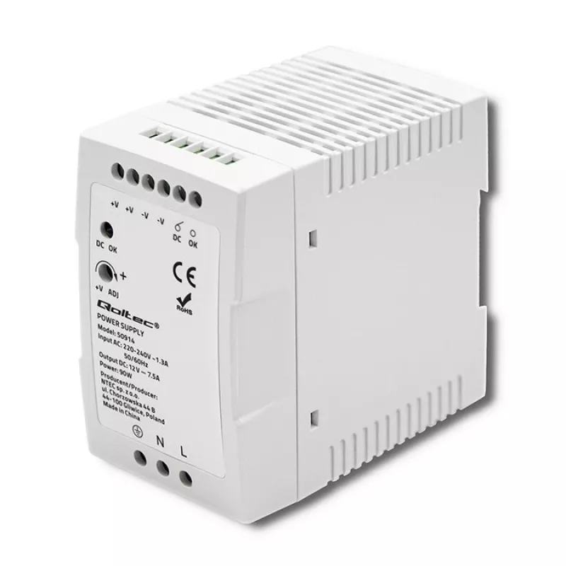 Qoltec 50914 Fuente de alimentación para carril DIN | 90W | 12V | 7,5A | Blanco | perfil bajo