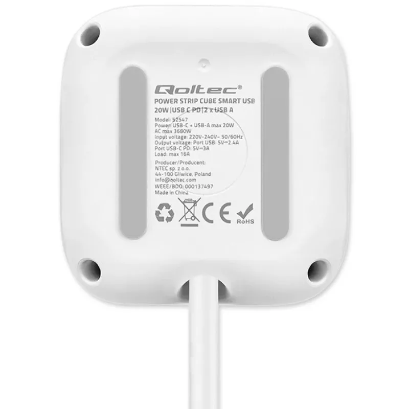 Regleta QOLTEC 52547 Power Cube 3 tomas AC, 2 USB-A, 1 USB-C PD 20W