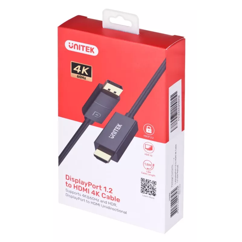 Cable UNITEK DisplayPort 1.2, HDMI, 4K@60 Hz, 1,8 m, V1608A