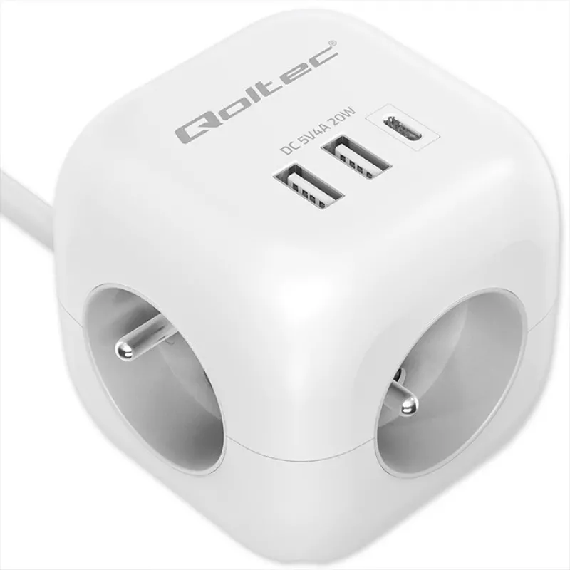 Regleta QOLTEC 52547 Power Cube 3 tomas AC, 2 USB-A, 1 USB-C PD 20W