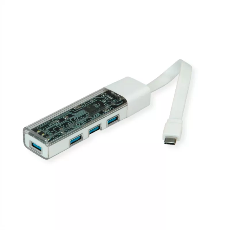 Hub USB 3.2 Gen 1 portátil ROLINE, 4 puertos, cable de conexión Type-A+C